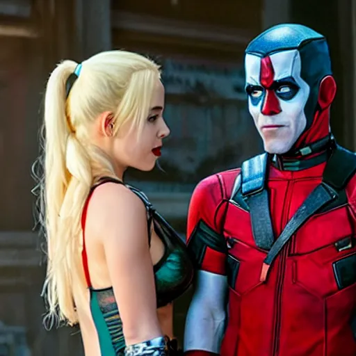 Prompt: film still, Harley Quinn and Deadpool