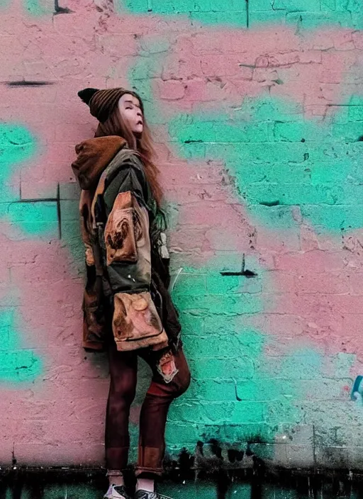 Image similar to highly detailed portrait of a cloudpunk young seattle lady, tartan hoody, by atey ghailan, by greg rutkowski, by greg tocchini, by james gilleard, by joe fenton, by kaethe butcher, gradient green, brown, blonde crea, orange, brown and white color scheme, grunge aesthetic!!! ( ( graffiti tag wall background ) )