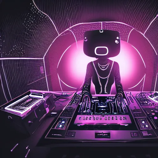 Image similar to intricate detailed artwork of a futuristic hardstyle music dj at an underground warehouse rave in the style of Sandra Pelser, VR headset, wires, speakers, neon