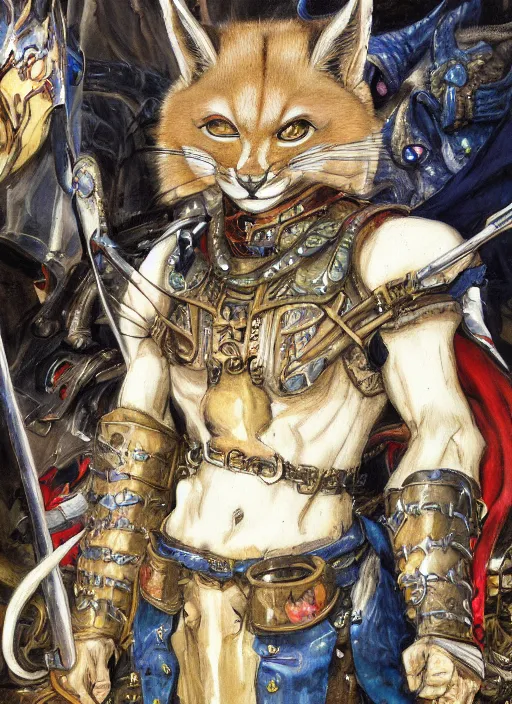 Image similar to 8k Yoshitaka Amano painting of upper body of a young cool looking slim caracal beast-man with white mane at a medieval market at windy day. Depth of field. He is wearing complex fantasy armors. He has huge paws. Renaissance style lighting.