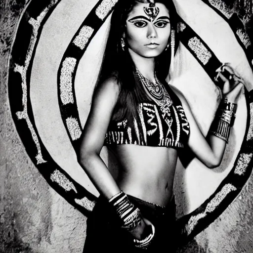 Image similar to full body photo portrait of attractive aztec beauty in temple, old photo, highly detailed, fashion photography, black and white, by Annie Leibovitz