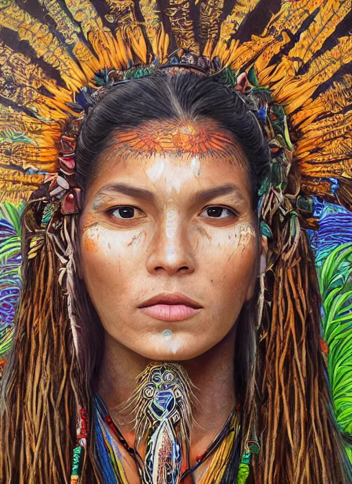 Prompt: a beautiful portrait of a beautiful female shaman healer with tribal paintings surrounded by leaves of jungle plants, ayahuasca, spiritual, high detail painting, fantasy art, highly detailed, realistic face