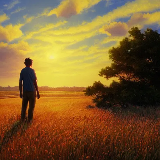 Image similar to a painting of a man standing in a field at sunset, a detailed matte painting by makoto shinkai, cgsociety, neo - primitivism, anamorphic lens flare, matte painting, global illumination