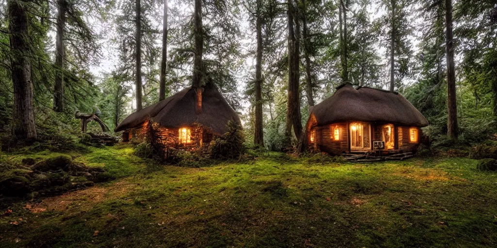 Image similar to a cottage in the woods, fantasy, hyper realistic, dramatic lighting, wide angle lens, 8k