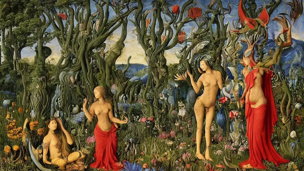 Prompt: a photograph of a meditating centaur shaman and a harpy mermaid mutating into beasts. surrounded by bulbous flowers and a few trees. river delta with mountains under a blue sky full of burning stars and birds. painted by jan van eyck, max ernst, ernst haeckel, ernst fuchs and artgerm. fashion editorial