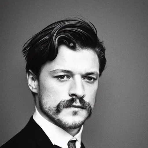 Prompt: headshot edwardian photograph of james mcavoy, sebastian stan, henry cavill, small moustache, 1 9 2 0 s film actor, suave, charming, realistic face, 1 9 1 0 s photography, 1 9 0 0 s, grainy, victorian, soft blur