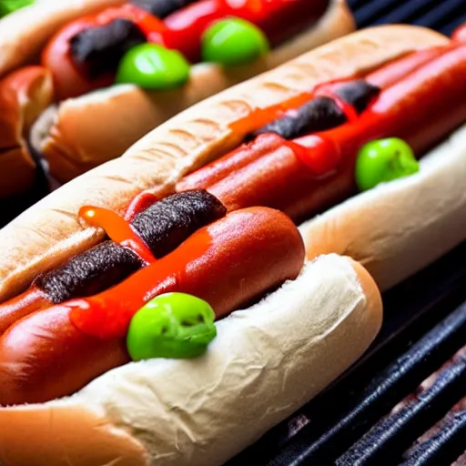Prompt: hot dogs on a grill, with the ends of the hot dogs having the face of pepe the frog