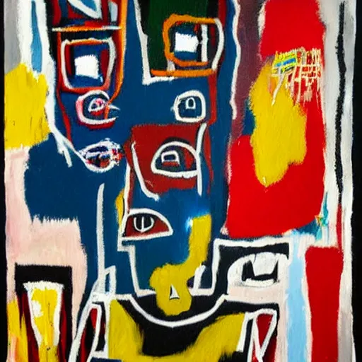 Image similar to abstract oil painting, basquiat style, woman holding hand over face