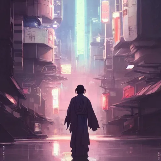 Image similar to Jedi in future japan at night, concept art, fine details, studio ghibli, cinematic lighting, ghost-in-the-shell, cyberpunk,sci-fi, fantasy, intricate, elegant, highly detailed, digital painting, trending on artstation, concept art, smooth, sharp focus, illustration, by james gurney and greg rutkowski