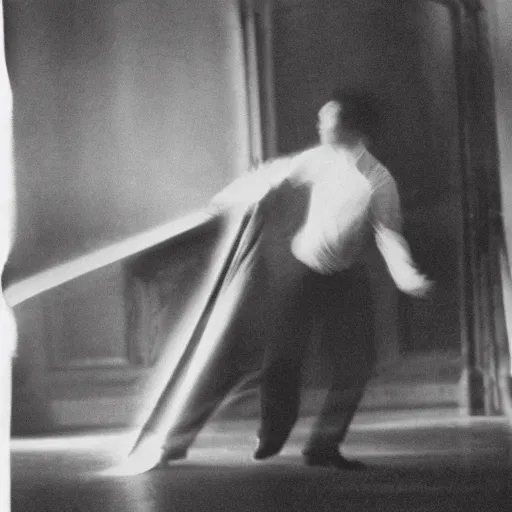 Prompt: a smudged, grainy and blurry photograph showing the whole body of a man dynamically and frenetically dancing in a dark room, edwardian photograph, taken with soviet flash camera at slow shutter speed