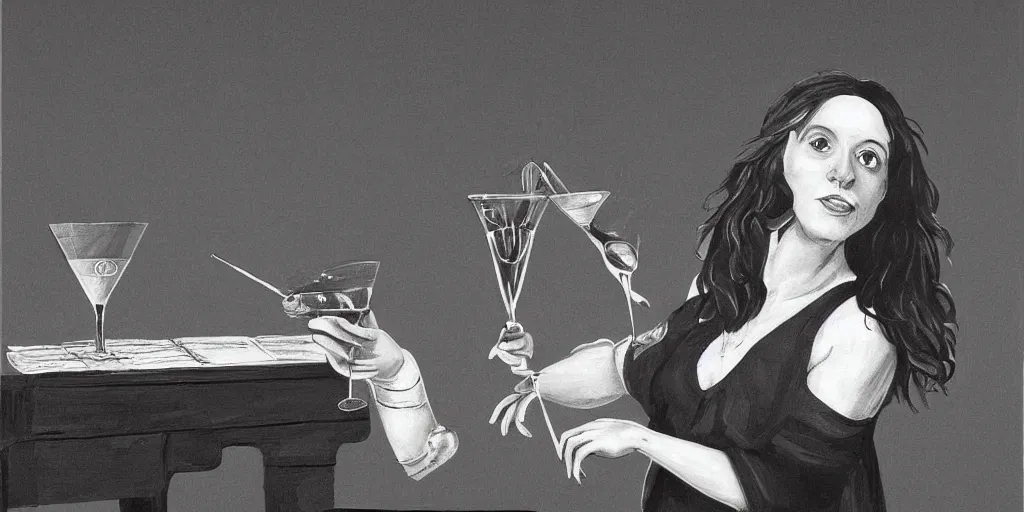 Image similar to sprocker Spaniel playing piano with a Martini on the side, illustration, b&w