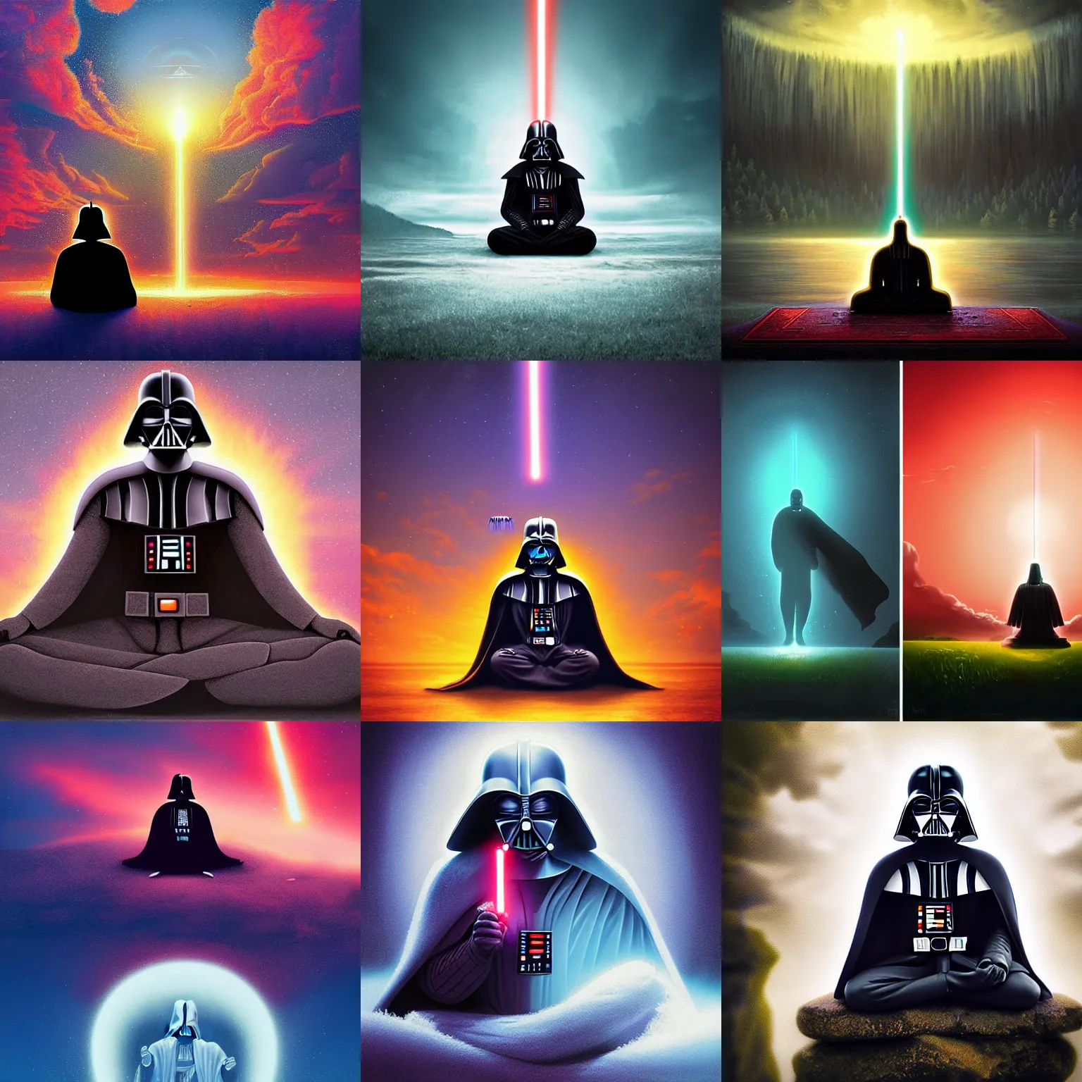 Prompt: darth vader meditating, finding enlightenment, peaceful, by alena aenami and phil koch and rhads