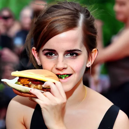 Image similar to Emma Watson eating a cheeseburger, photo realistic, award-winning, highly-detailed, epic, cinematic, dramatic