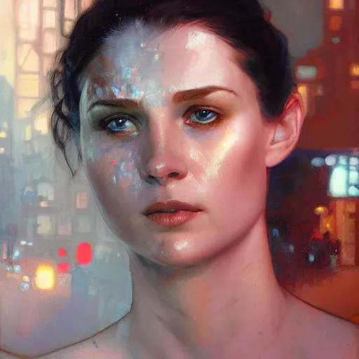 Image similar to jill kortleve, hyperrealistic full figure, bladerunner street alley, art of elysium by frank frazetta and by jeremy mann and by alphonse mucha, fantasy art, photo realistic, dynamic lighting, artstation, full figure poster, volumetric lighting, very detailed face, 4 k, award winning