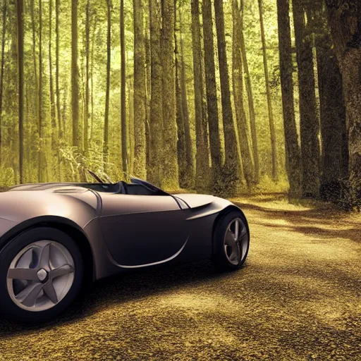 Prompt: a fluffy roadster parking in the forest, warm light, realistic, 4k, hd, highly detailed