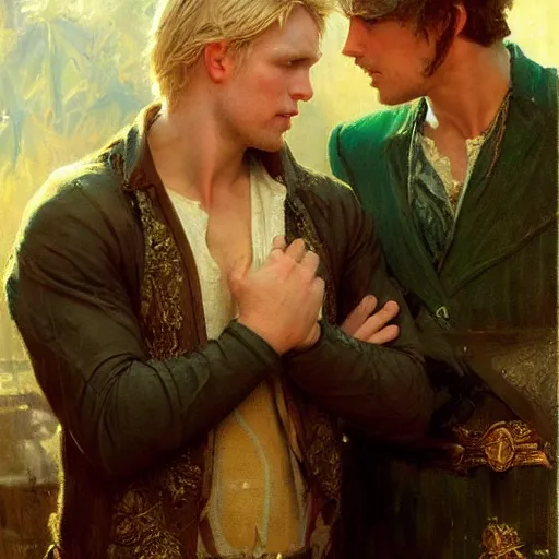 Image similar to attractive male, arthur pendragon who has blond hair confesses his love to attractive male, merlin who has dark hair. highly detailed painting by gaston bussiere, craig mullins, j. c. leyendecker 8 k