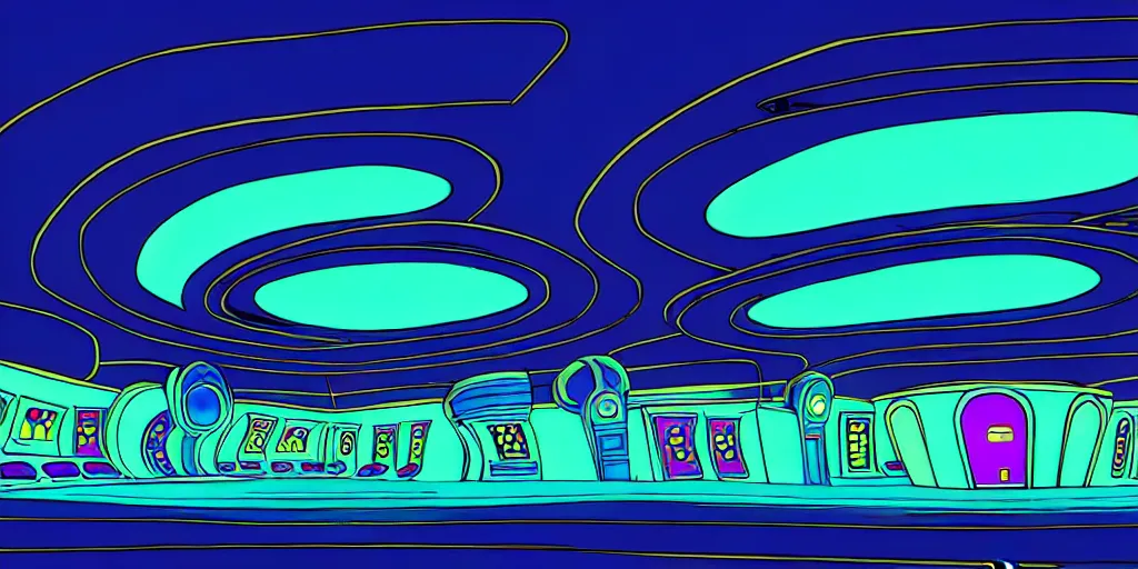 Prompt: minimalistic extreme wide angle curly perspective digital art of alien shaped indoor casino with roulettes in the roof, by anton fadeev from nightmare before christmas