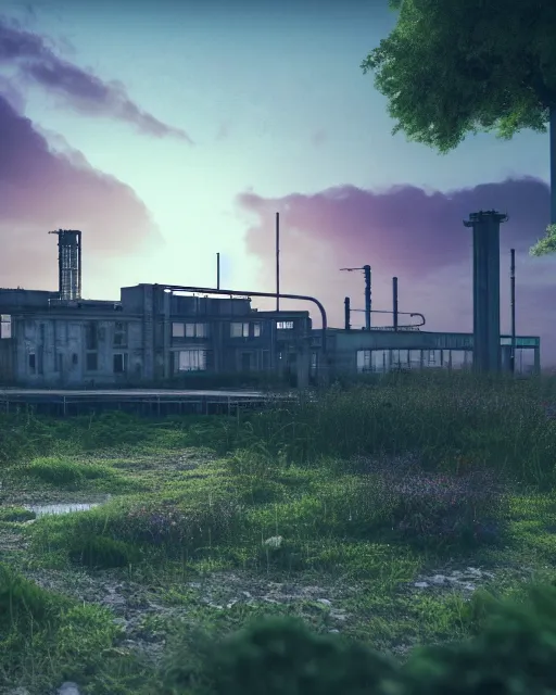 Image similar to a beautiful photorealistic render of urbex urbex industrial architecture by eugene boudin, futuristic otherworldly vaporwave darkacademia alien nature sunset biopunk meadow flowers lake, archdaily, wallpaper, highly detailed, trending on artstation.