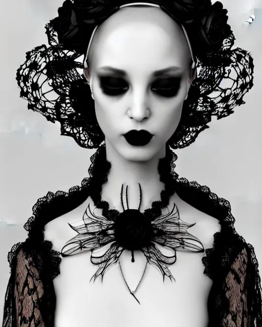 Image similar to dreamy surreal poetic black and white 3D render of a beautiful young porcelain female-creature-cyborg-vegetal with a very long neck and a super big gothic lace collar filled with dead flies and a very high big floral crown with many black dry roses:: smoke, high fashion, haute couture, rococo, avant-garde, elegant, dreamy, hyper realistic, 150 mm lens, soft rim light, octane render, unreal engine, volumetric lighting, dramatic light,8k,