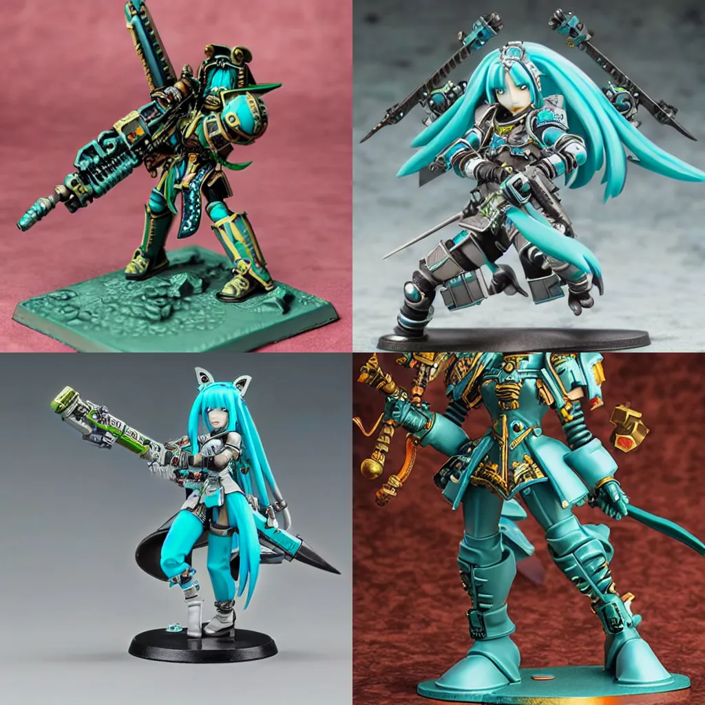 Prompt: a highly detailed Warhammer 40k miniature of Hatsune Miku, Forge World Resin, award-winning close-up photo