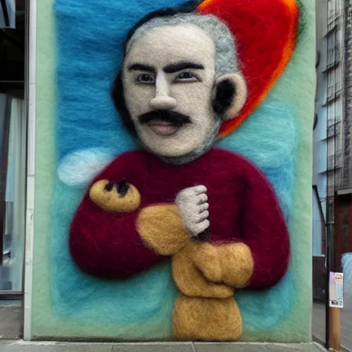 Image similar to by diego velazquez fine needle felting. a beautiful street art of a self - portrait of the artist. he is shown with his head turned to the left, looking at the viewer. his hair is wild & his eyes are wide open. his right hand is raised, as if he is pointing at something.