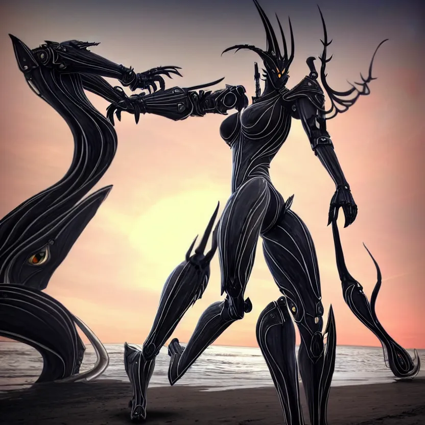 Image similar to looking up at a highly detailed 300 foot tall giant exquisite beautiful stunning valkyr female warframe, as an anthropomorphic robot dragon, posing elegantly over your tiny form, detailed legs looming over you, camera on the ground, at the beach on a sunset, sleek streamlined design, streamlined matte black armor, sharp detailed claws, detailed sharp robot dragon feet, worms eye view, giantess shot, upward shot, ground view shot, leg shot, front shot, epic cinematic shot, high quality warframe fanart, captura, realistic, professional digital art, high end digital art, furry art, giantess art, anthro art, DeviantArt, artstation, Furaffinity, 8k HD render, epic lighting