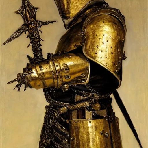 Prompt: Nicolas Cage in a gold armor, religious masterpiece portrait, oil on canvas, occult night, in the world of Andrew Wyeth and Dark Souls, artstation, by J. C. Leyendecker and Peter Paul Rubens,