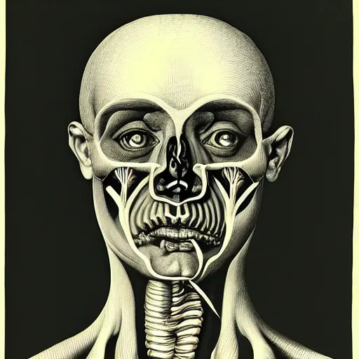 Image similar to surreal head anatomical atlas dissection center cut, lithography on paper conceptual figurative ( post - morden ) monumental dynamic soft shadow portrait drawn by hogarth and escher, inspired by goya, illusion surreal art, highly conceptual figurative art, intricate detailed illustration, controversial poster art, polish poster art, geometrical drawings, no blur