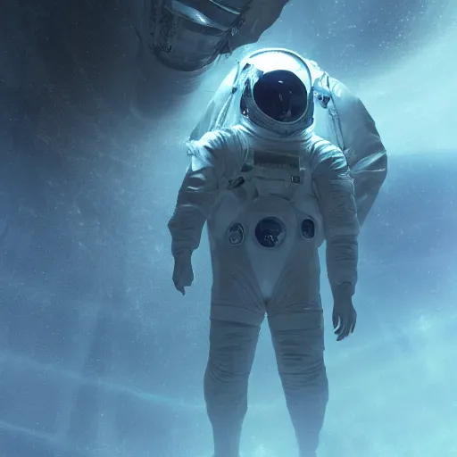 Prompt: concept art by craig mullins astronaut in futuristic dark and empty spaceship underwater. infrared complex and hyperdetailed technical suit. reflection and dispersion materials. rays and dispersion of light. volumetric light. 5 0 mm, f / 3 2. noise film photo. flash photography. unreal engine 4, octane render. interstellar movie art