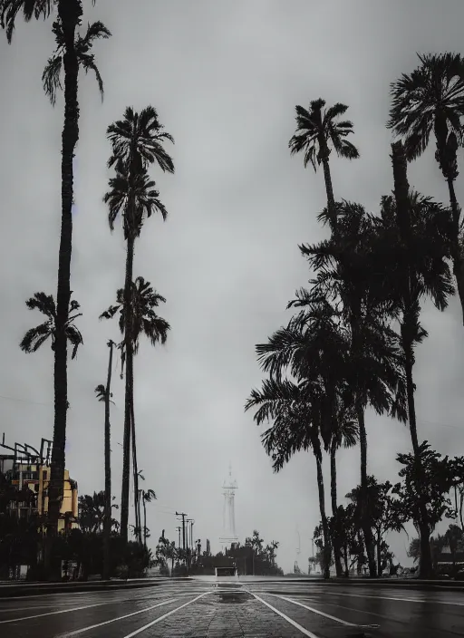 Prompt: a palm tree sitting on top of a wet sidewalk, a photo by rodolfo escalera, unsplash, hypermodernism, ominous vibe, ominous, apocalypse landscape