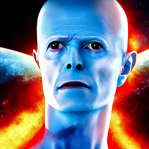 Image similar to film still of David Bowie as Dr. Manhattan in Watchmen, 4k