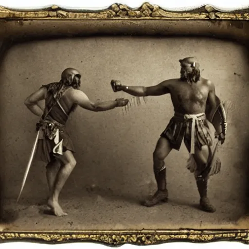 Prompt: spartan man and viking fistfighting, brutal, daguerreotype photograph