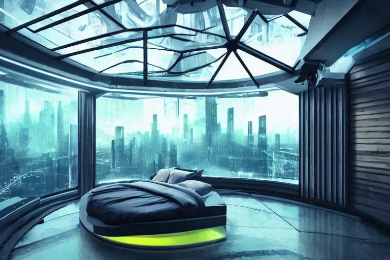 Image similar to a futuristic bedroom with large curved ceiling high windows looking out to a far future cyberpunk cityscape, cyberpunk neon lights, raining, scifi