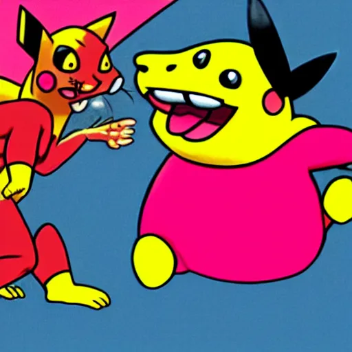 Image similar to the pink panther cartoon fighting pikachu