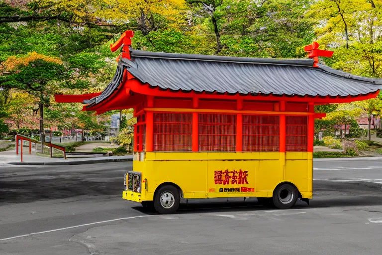 Image similar to Yellow school bus, driving towards a red japanese Torii gate, New York location in USA, ray tracing, high detail, 4K