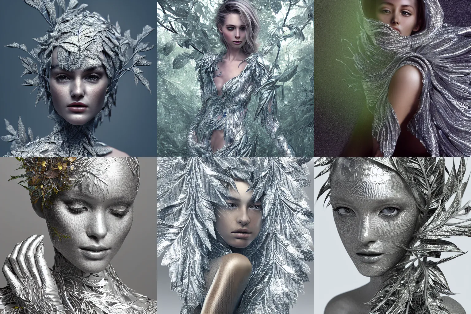 Prompt: a highly detailed digital image of a silver covered elegantly posed futuristic woman beautifully cocooned in chromatic leafy foliage like leaves shot, full body shot, by Andrew Chiampo, artstation, and Frederik Heyman, extremely detailed woman, stunning volumetric lighting, intricate details, hyper realism, fantasy, textured, stylized, 4k,