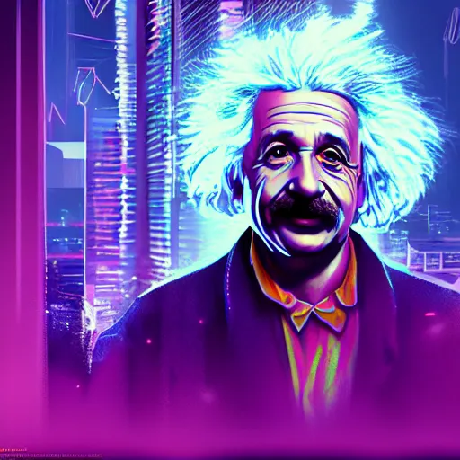 Prompt: high detailed portrait of albert einstein, staying in front of dark city, cyberpunk2077, cyberpunk, neon, light, cool colors, artstation, digital illustration-n 9