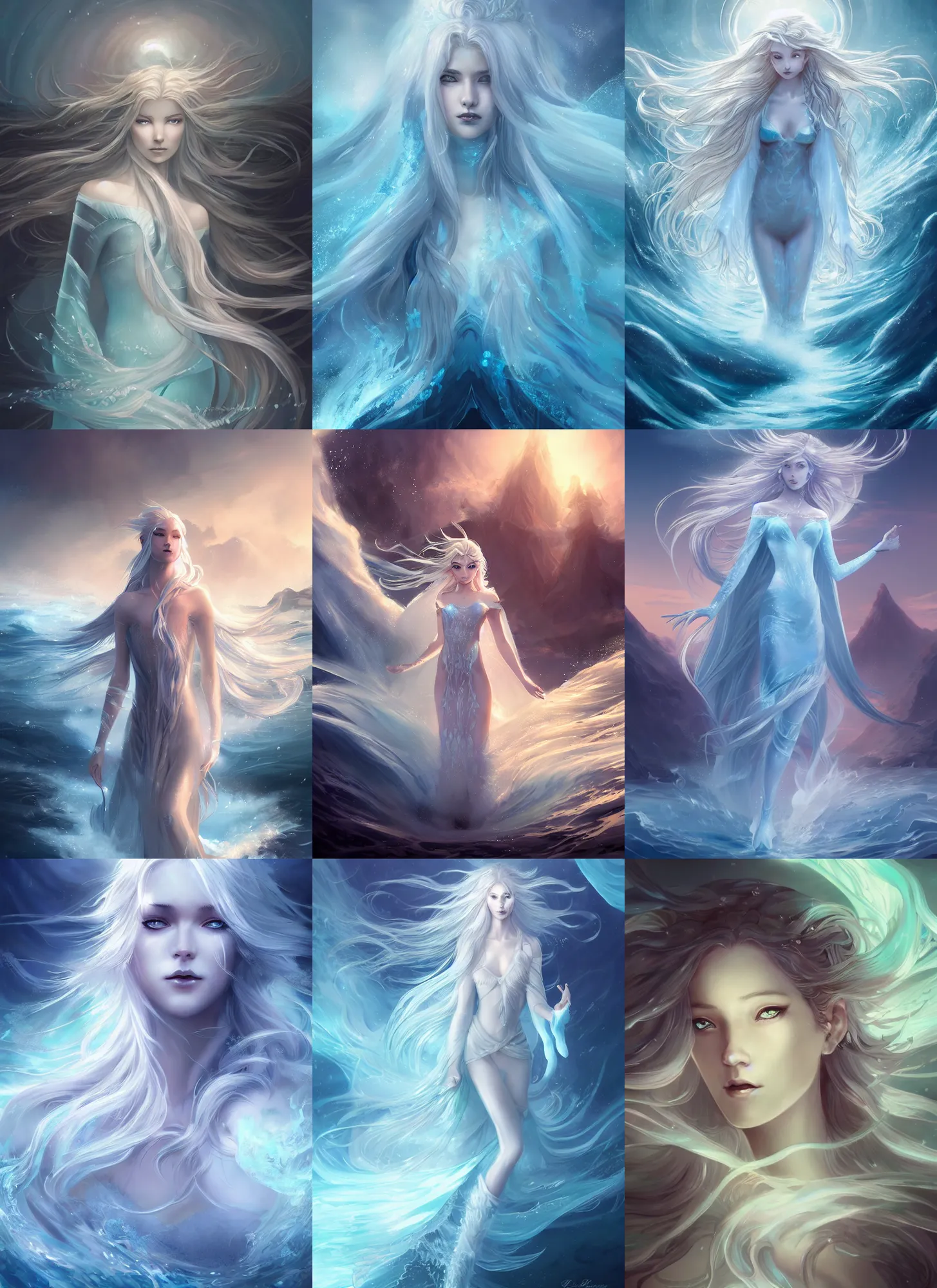 Prompt: majestic ice goddess with frozen body and flowing long hair rising from the sea by charlie bowater and zeen chin and terada katsuya, epic scene, epic light, fractals background, intricate detailed, fine details, artstation, masterpiece