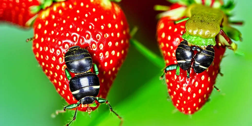 Image similar to macro photorealism, little scarry insects living on strawberry