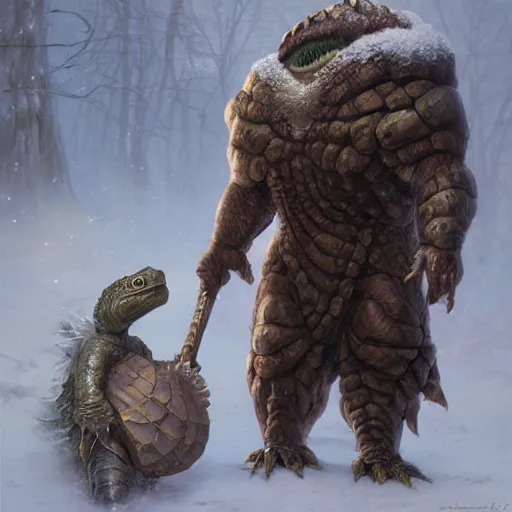 Prompt: anthropomorphic snappingturtle humanoid with large shell, greg rutkowski, barbarian, tim hildebrandt, winter, ice, snow, fur jacket, battlehammer, wayne barlowe, tall, menacing, fantasy