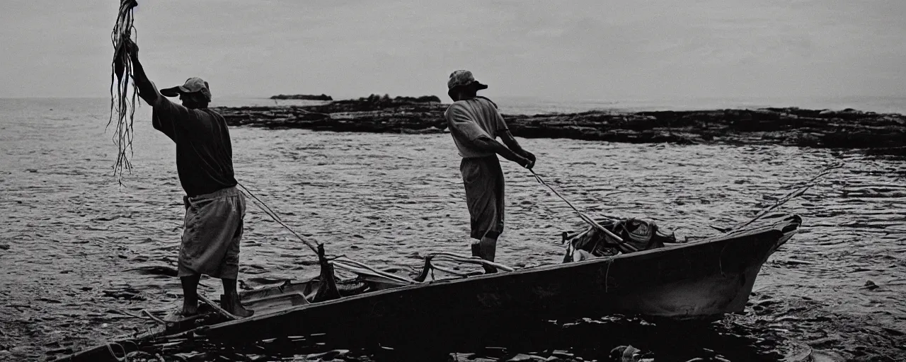 Prompt: fisherman pulling up a fresh catch of spaghetti from the ocean, canon 5 0 mm, cinematic lighting, photography, retro, film, kodachrome