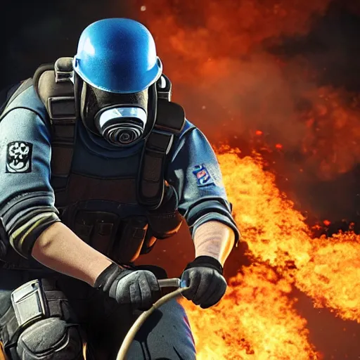 Prompt: Montagne from Rainbow Six Siege riding a bike leaving behind a trail of flames and explosions