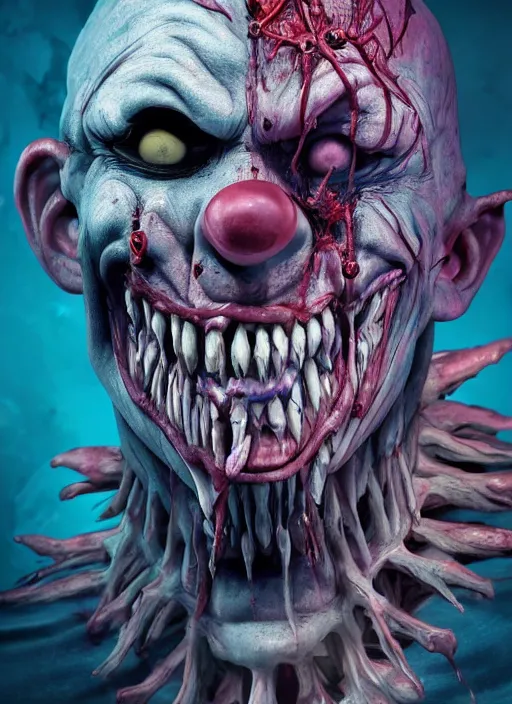 Image similar to evil horror clown, monster anatomy, ross tran, vivid colors, anatomical, highly detailed sculpture, intricate detailed, ommatidia, 8 k, cinematic atmosphere, post - processing