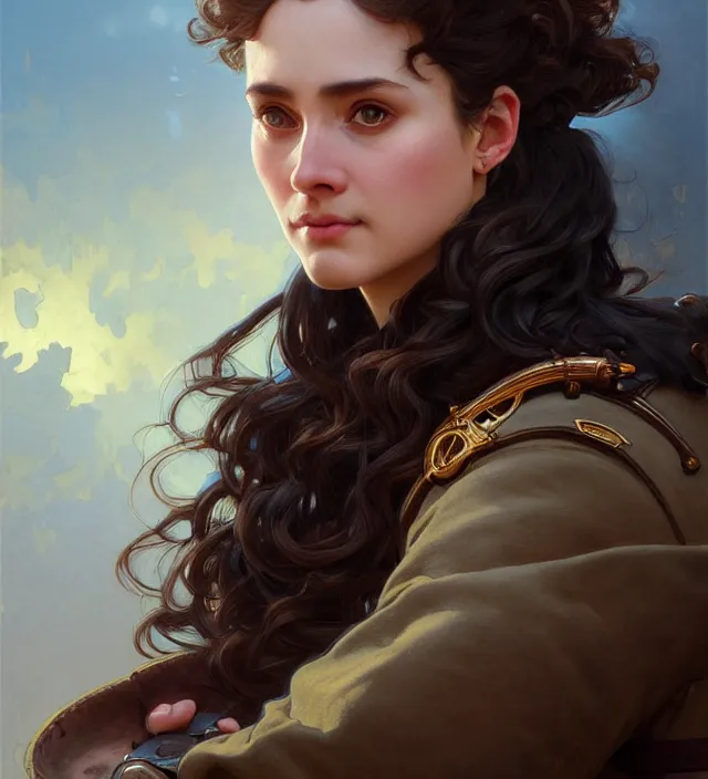 Prompt: portrait of a woman with brown curly hair and deep brown eyes wearing a blue traditional 1 9 th century military jacket, metal shoulder pauldrons, intricate, highly detailed, digital painting, artstation, concept art, sharp focus, cinematic lighting, illustration, art by artgerm and greg rutkowski, alphonse mucha, cgsociety