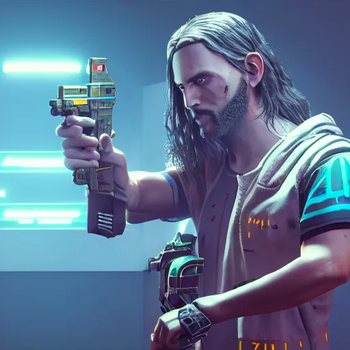 Image similar to Jesus in Cyberpunk 2077 with a pistol, concept art, unreal engine, 4k render, global illumination, blender, cycles, featured on artstation, pixiv