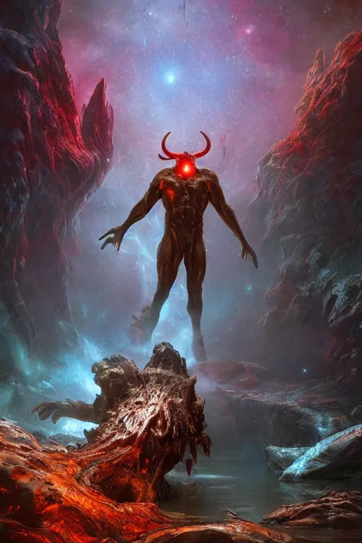 Image similar to a huge muscular demon with ram's horns and glowing eyes emerges from a pond on rocky alien world, water splashing cascading, alien flora and fauna, space background nebula nasa, by ruan jia, jack kirby, norman rockwell, wayne barlow, sergey krasovskiy, zdzislaw beksinski, artstation 3 d render character creature