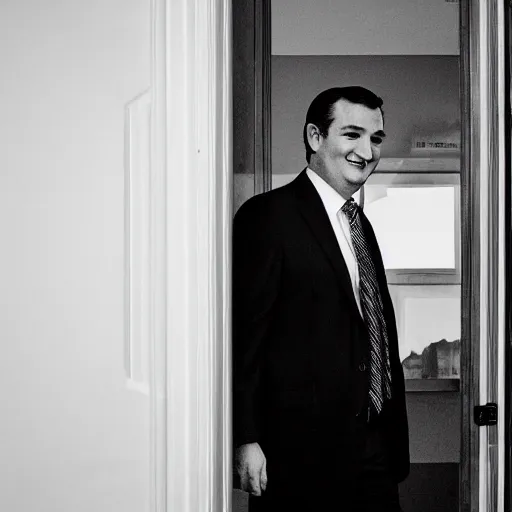 Prompt: Ted Cruz with a wide grin peaking through a door in the distance, black and white, creepy lighting, scary, horror, ornate, eerie, fear