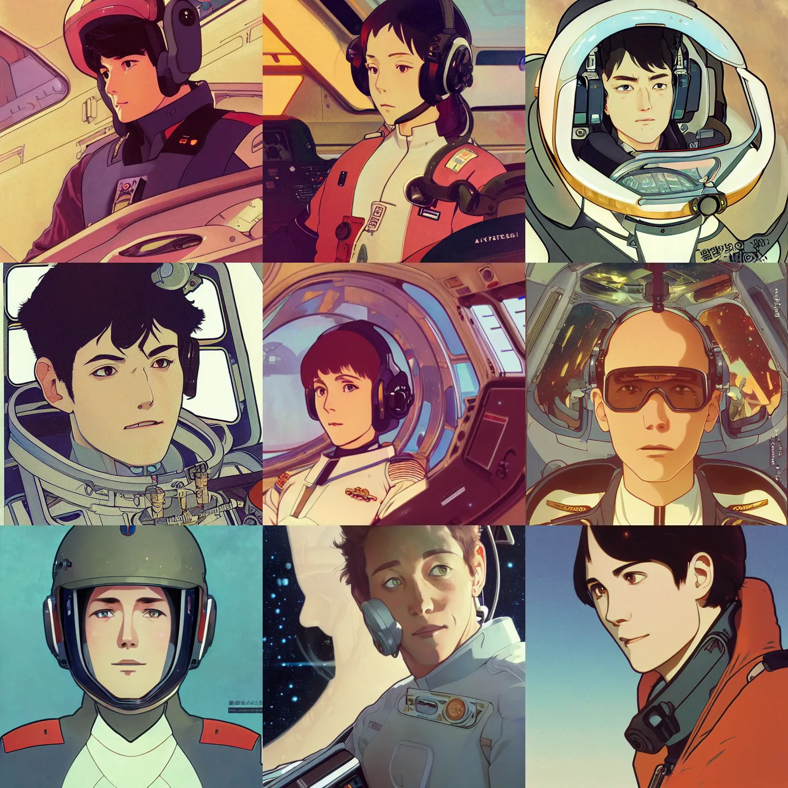 Prompt: Character portrait of a starship pilot sitting in his cockpit, defined facial features, highly detailed, artstation, official artbook, official Kyoto Animation and Studio Ghibli anime screenshot, by Ilya Kuvshinov and Alphonse Mucha