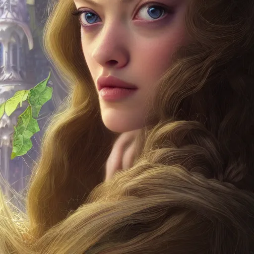 Image similar to beautiful young amanda seyfried as the rapunzel princess, closeup, d & d, fantasy, intricate, elegant, highly detailed, digital painting, artstation, concept art, matte, sharp focus, illustration, art by artgerm and greg rutkowski and alphonse mucha