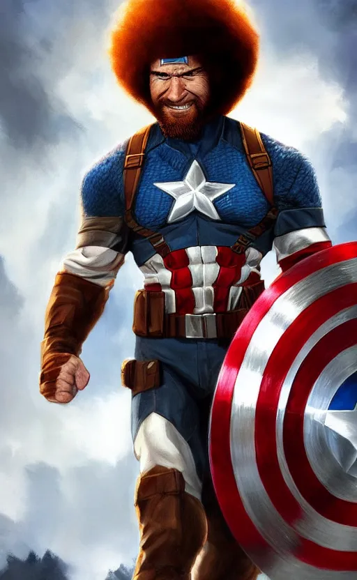 Image similar to bob ross as captain america, dynamic lighting, cinematic, ultra detailed, trending on art station, stunning visuals, creative, fantasy concept art